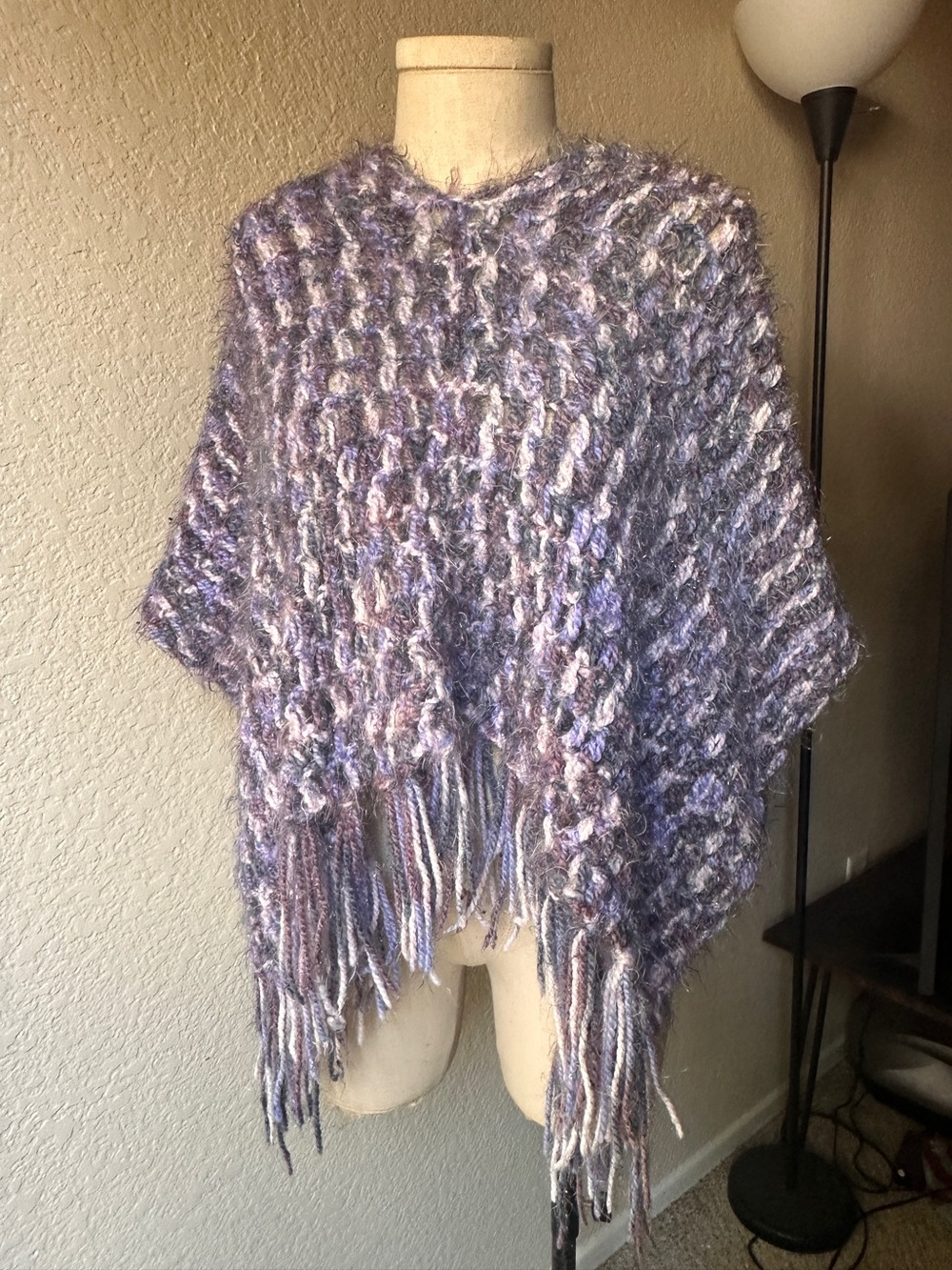 Cozy V-Neck Fringe Sweater Poncho in Heathered Lavender